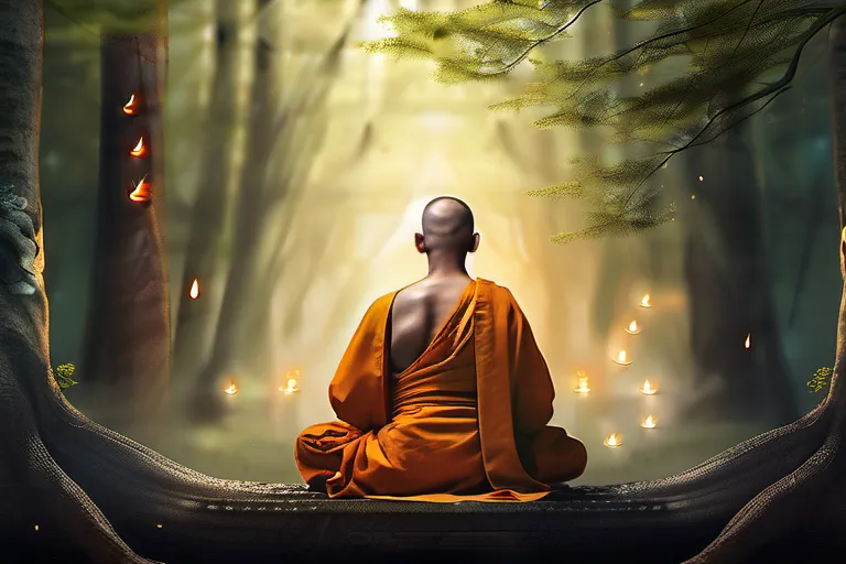 A serene image of a Buddhist monk meditating in a peaceful forest setting. - Buddhism