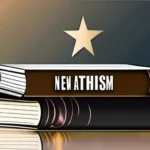 A minimalist illustration of a book with the title 'New Atheism' on it, set against a gradient background. - new atheism