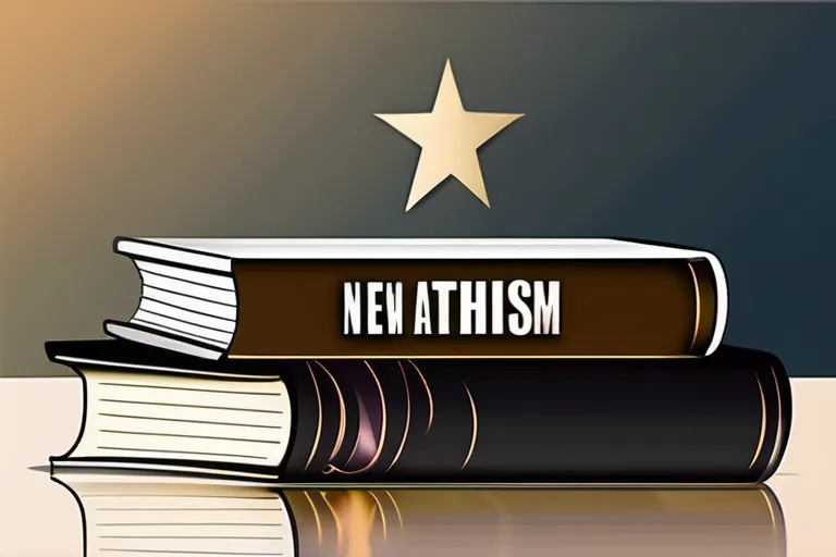 A minimalist illustration of a book with the title 'New Atheism' on it, set against a gradient background. - new atheism