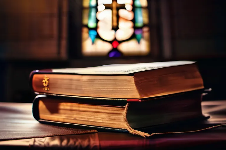 A close-up image of an open Protestant Bible with a stained glass window in the background. - Protestant Bible