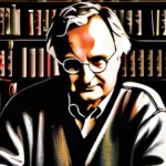 A thoughtful image of Richard Dawkins with a background of books and a question mark. - Richard Dawkins Atheism