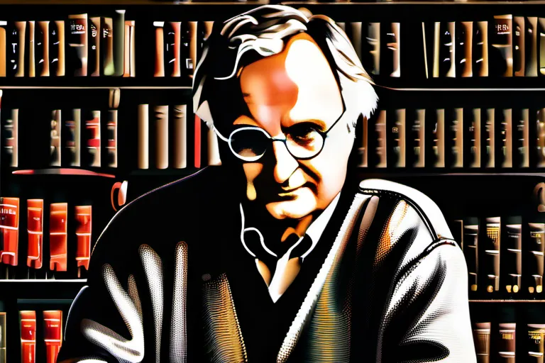 A thoughtful image of Richard Dawkins with a background of books and a question mark. - Richard Dawkins Atheism