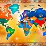 A colorful world map with religious symbols representing Christianity, Islam, Buddhism, Hinduism, and other major religions. - Top Religions in the World