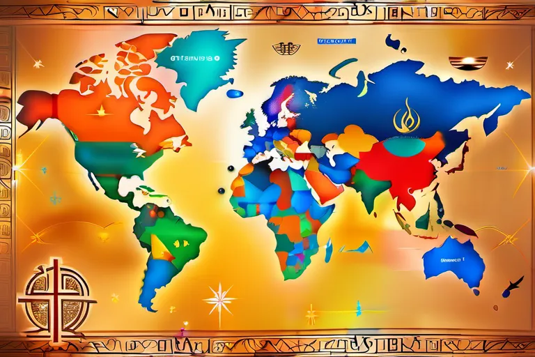 A colorful world map with religious symbols representing Christianity, Islam, Buddhism, Hinduism, and other major religions. - Top Religions in the World