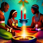 A vibrant and colorful image depicting a Vodou ceremony with participants dressed in traditional clothing and surrounded by symbols of the religion. - vodou religion