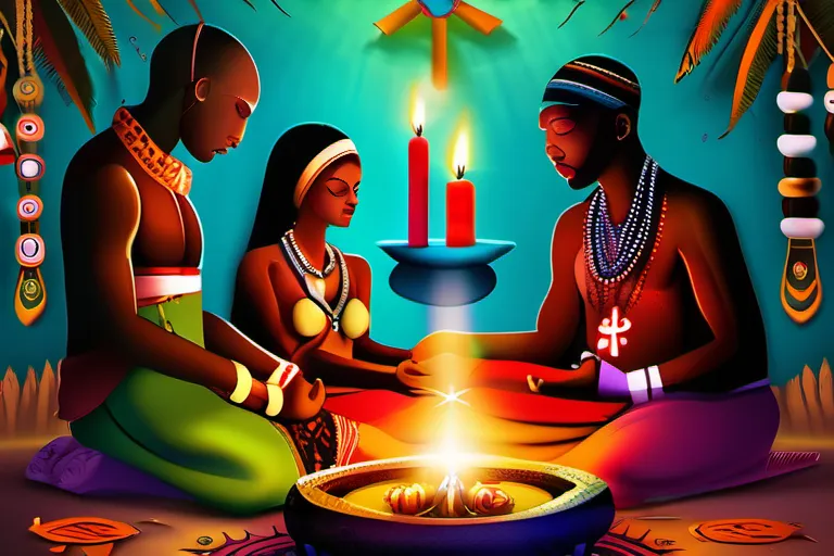 A vibrant and colorful image depicting a Vodou ceremony with participants dressed in traditional clothing and surrounded by symbols of the religion. - vodou religion