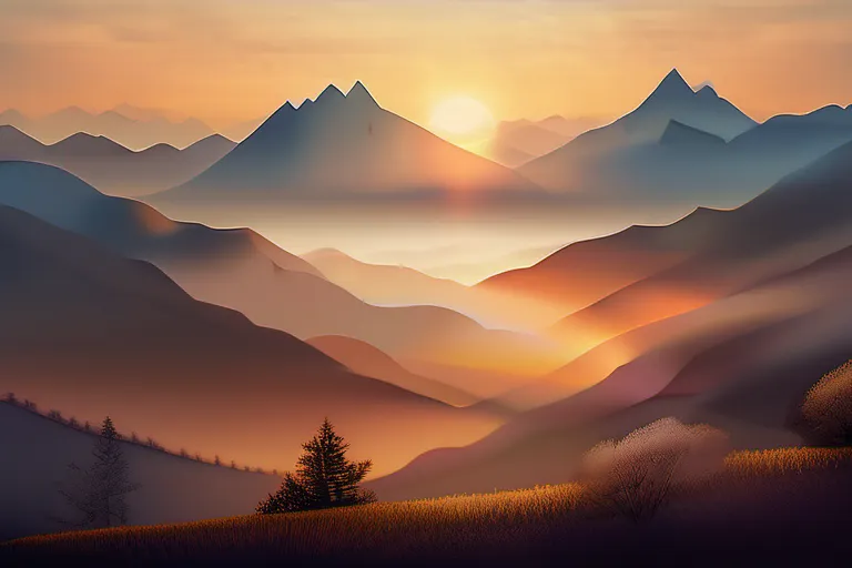 A serene image of a mountain range at sunrise, symbolizing the search for truth and enlightenment. - God Existence