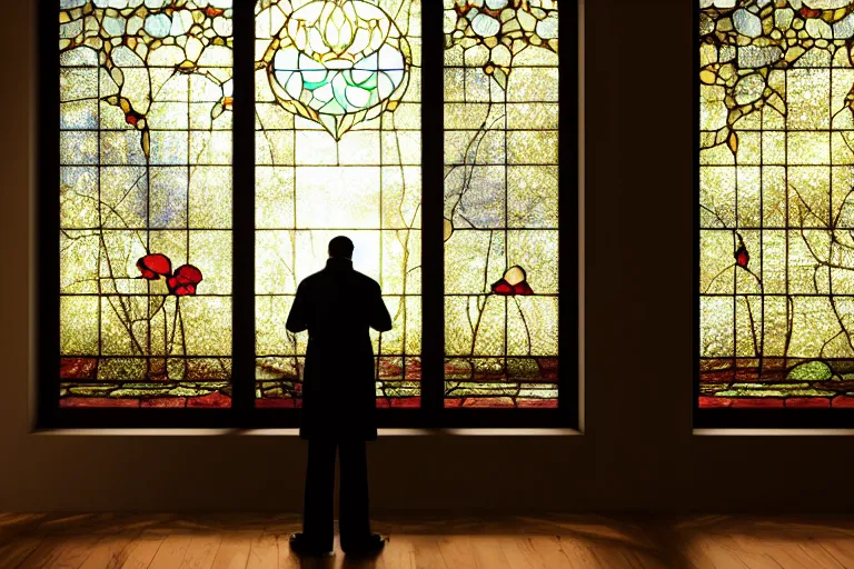 A serene image of a person contemplating in front of a stained-glass window, with the question 'How can a loving God send people to hell?' written in bold letters. - loving God, hell, divine justice, free will