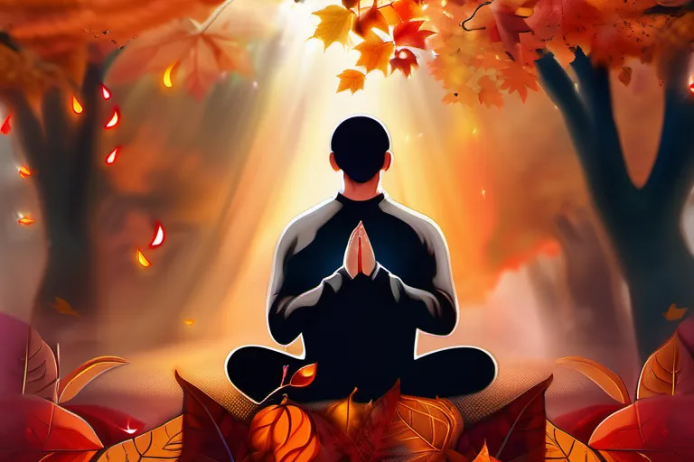 A serene image of a person praying with hands clasped, surrounded by vibrant autumn leaves symbolizing gratitude. - cultivate gratitude faith