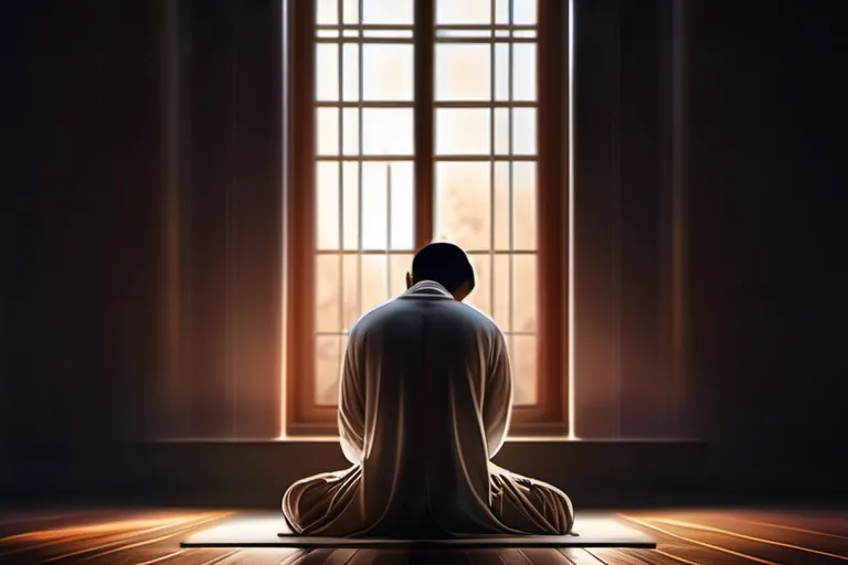 A serene image of a person praying in a peaceful, dimly lit room. - religious coping mechanisms for depression