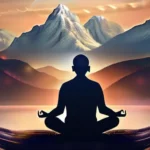 A serene image of a person meditating with a mountain range in the background, symbolizing the journey towards inner peace and humility. - humility