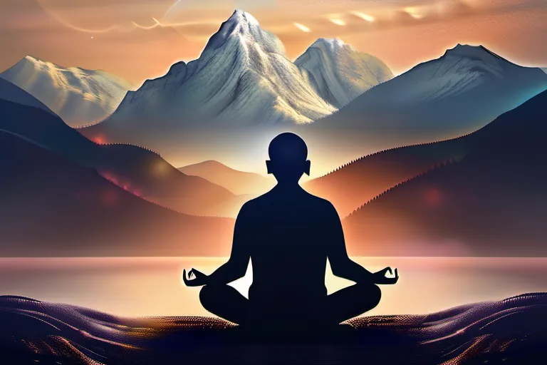 A serene image of a person meditating with a mountain range in the background, symbolizing the journey towards inner peace and humility. - humility