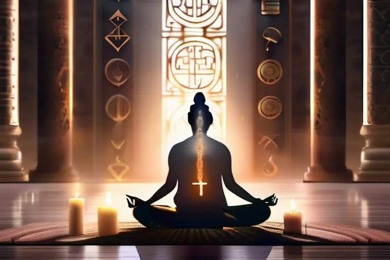 A serene image of a person meditating in a sacred space, surrounded by symbols of their faith. - meditation in faith