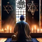 A serene image of a person praying, surrounded by symbols of their faith, such as a cross, a menorah, or a mosque. - prayer practice