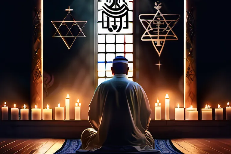 A serene image of a person praying, surrounded by symbols of their faith, such as a cross, a menorah, or a mosque. - prayer practice