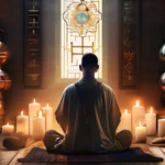 A serene image of a person in prayer, surrounded by symbols and artifacts of their faith. - worship practices