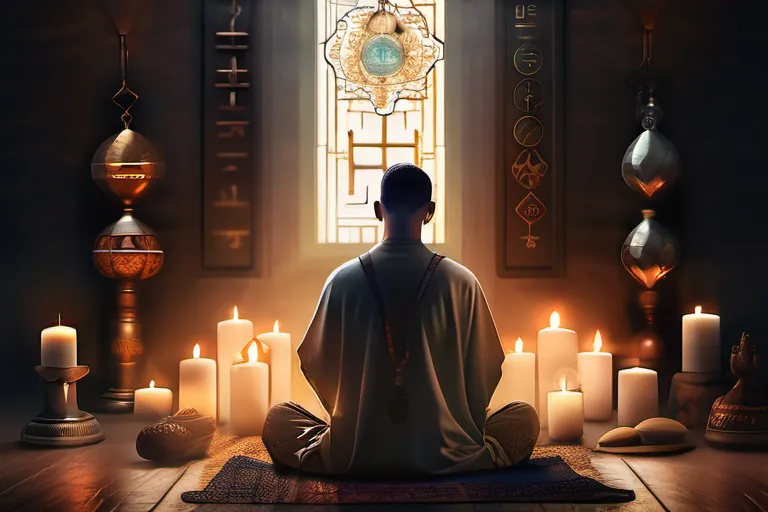 A serene image of a person in prayer, surrounded by symbols and artifacts of their faith. - worship practices