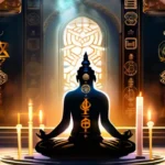 A serene image of a person meditating in front of an ornate altar, surrounded by symbols representing different religions and belief systems. - Afterlife Preparation