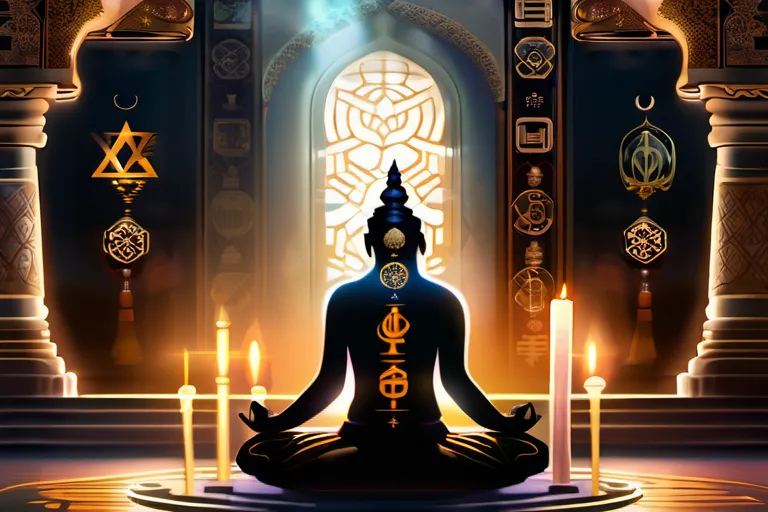 A serene image of a person meditating in front of an ornate altar, surrounded by symbols representing different religions and belief systems. - Afterlife Preparation