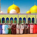 A vibrant image showcasing a mosque adorned with decorations for Eid, with families dressed in traditional attire gathered together. - Eid al-Fitr, Eid al-Adha, Muslim Celebrations