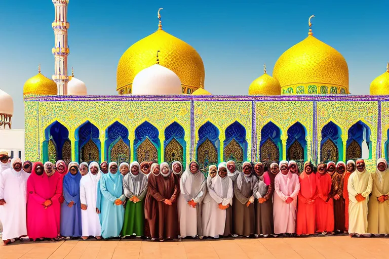 A vibrant image showcasing a mosque adorned with decorations for Eid, with families dressed in traditional attire gathered together. - Eid al-Fitr, Eid al-Adha, Muslim Celebrations