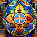 A vibrant, colorful mosaic of various religious symbols representing different faiths and their unique creation narratives. - creation myths