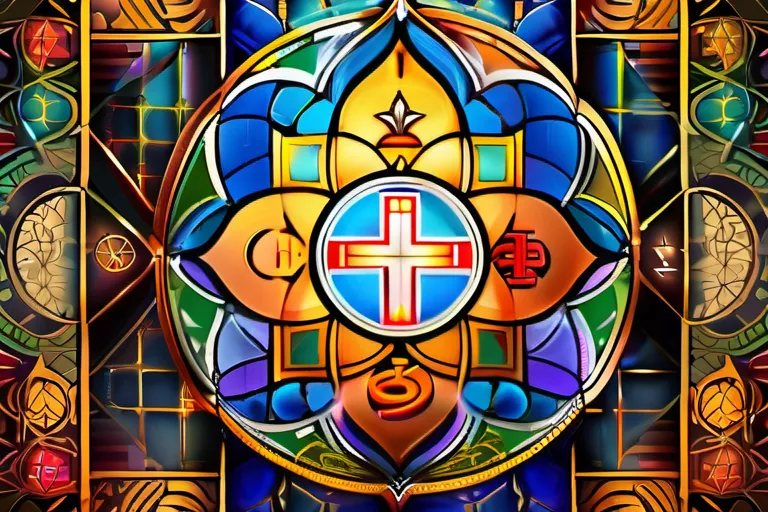 A vibrant, colorful mosaic of various religious symbols representing different faiths and their unique creation narratives. - creation myths