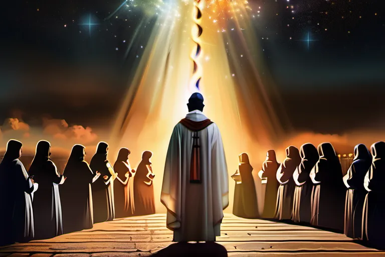 An image depicting a mystical scene with a figure performing a miracle, surrounded by people in awe, symbolizing the exploration of religious miracles. - religious miracles