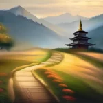 A serene mountain landscape with a path leading to a temple or place of worship. - religious truth