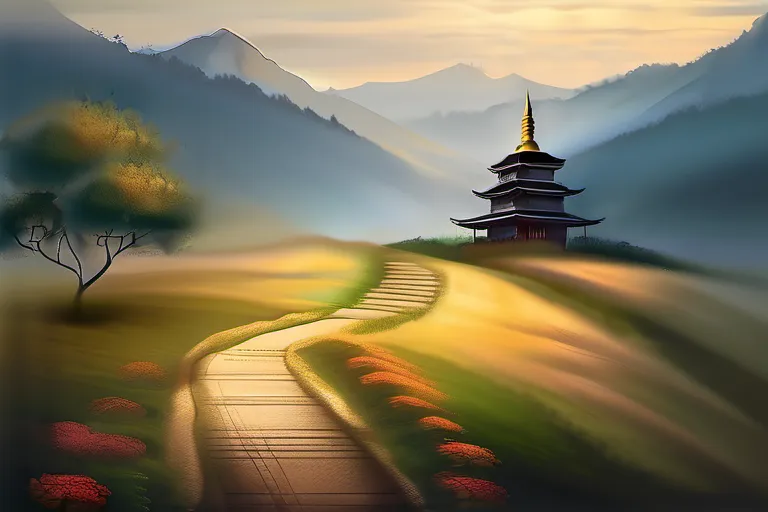 A serene mountain landscape with a path leading to a temple or place of worship. - religious truth