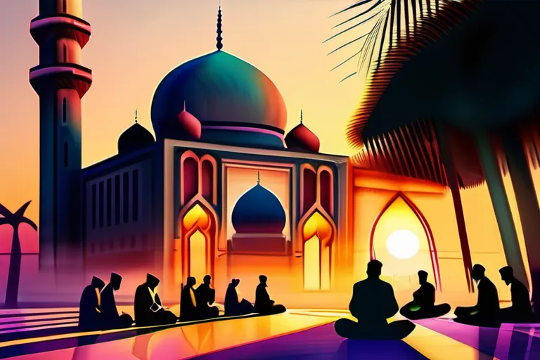 A vibrant mosque at sunset with a diverse group of Muslims praying inside. - Islamic beliefs, modern religious practices