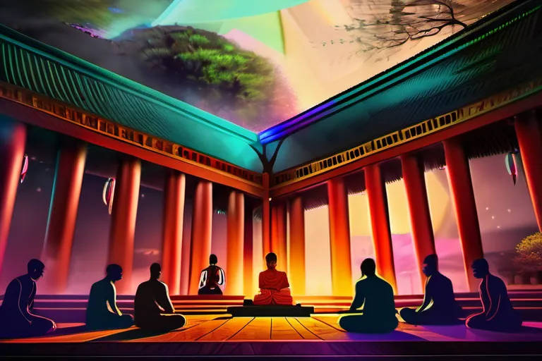 A vibrant, colorful image showcasing a Caodaist temple with diverse followers engaging in various rituals. - Caodaism Impact Modern Religion