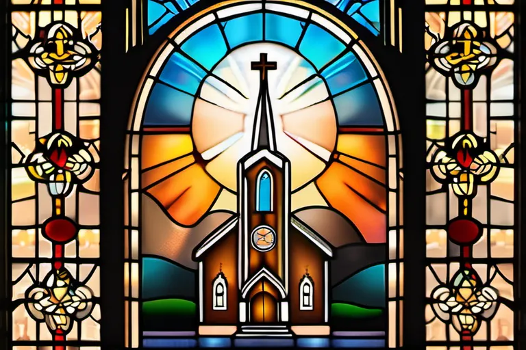 A stained-glass window depicting the symbols of the Church of Christ against a sunset backdrop. - Church of Christ Impact