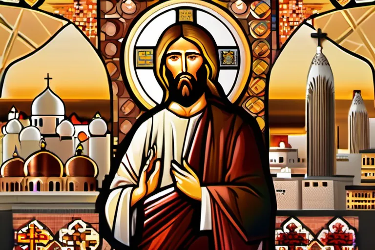 A mosaic depicting Jesus Christ surrounded by symbols of Eastern Orthodoxy, with a contemporary cityscape in the background. - Eastern Christianity Impact Modern Religion