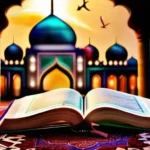 A vibrant, colorful image depicting an open Quran and Hadith books on a prayer mat, with a mosque in the background. - Islamic scriptures, Quran, Hadith, modern Islam