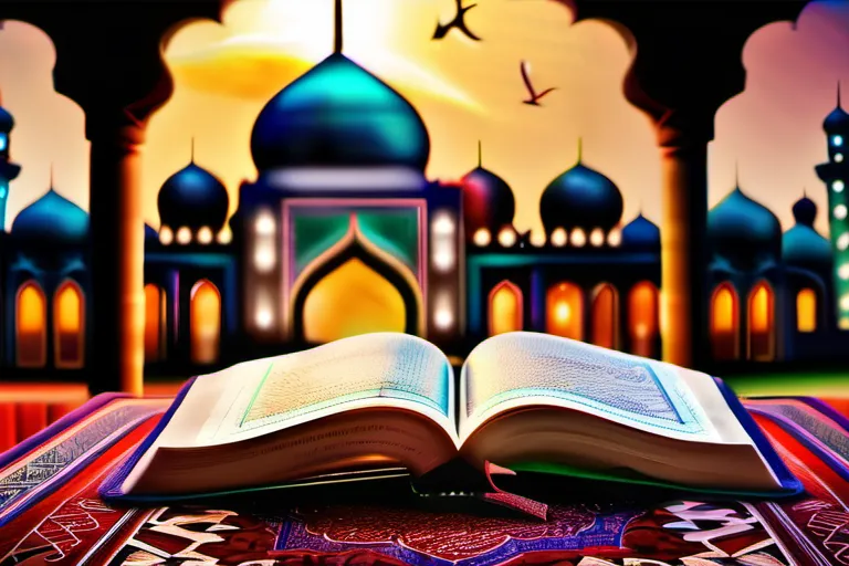 A vibrant, colorful image depicting an open Quran and Hadith books on a prayer mat, with a mosque in the background. - Islamic scriptures, Quran, Hadith, modern Islam