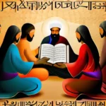 A vibrant, diverse group of people gathered around a Mandaean scripture, symbolizing unity in diversity and the enduring impact of Mandaeism on modern religious practices. - Mandaeism, Religious Practices, Interfaith Dialogue