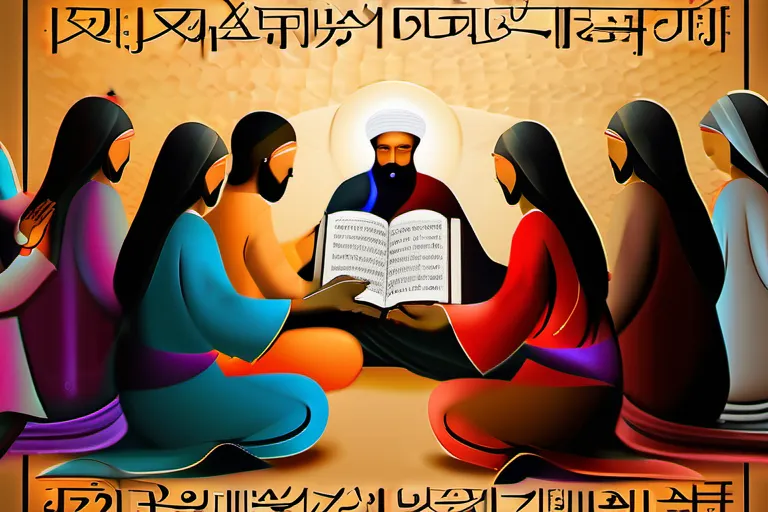 A vibrant, diverse group of people gathered around a Mandaean scripture, symbolizing unity in diversity and the enduring impact of Mandaeism on modern religious practices. - Mandaeism, Religious Practices, Interfaith Dialogue