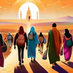 A vibrant image depicting a diverse group of people embarking on a modern-day pilgrimage, with iconic landmarks from various religions in the background. - pilgrimage impact modern religion