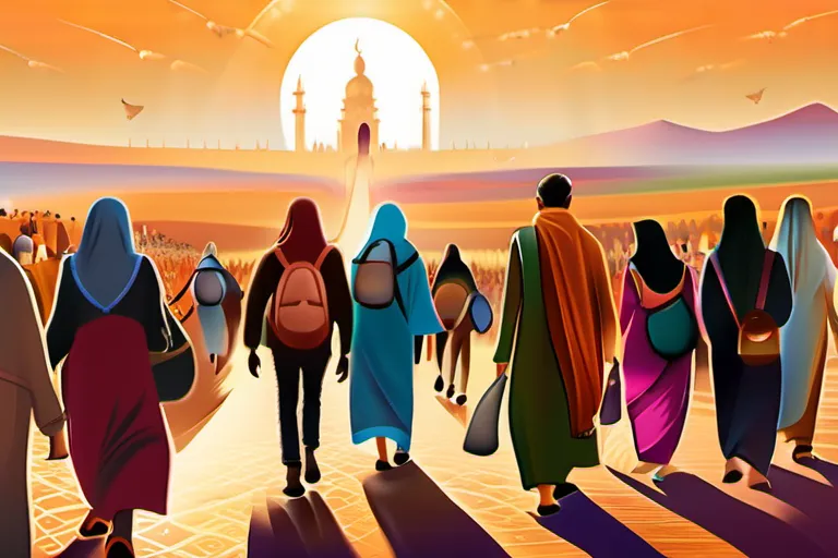 A vibrant image depicting a diverse group of people embarking on a modern-day pilgrimage, with iconic landmarks from various religions in the background. - pilgrimage impact modern religion