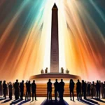 A vibrant, diverse crowd gathered around a monument symbolizing the intersection of faith and government. - state religion impact modern religious practices