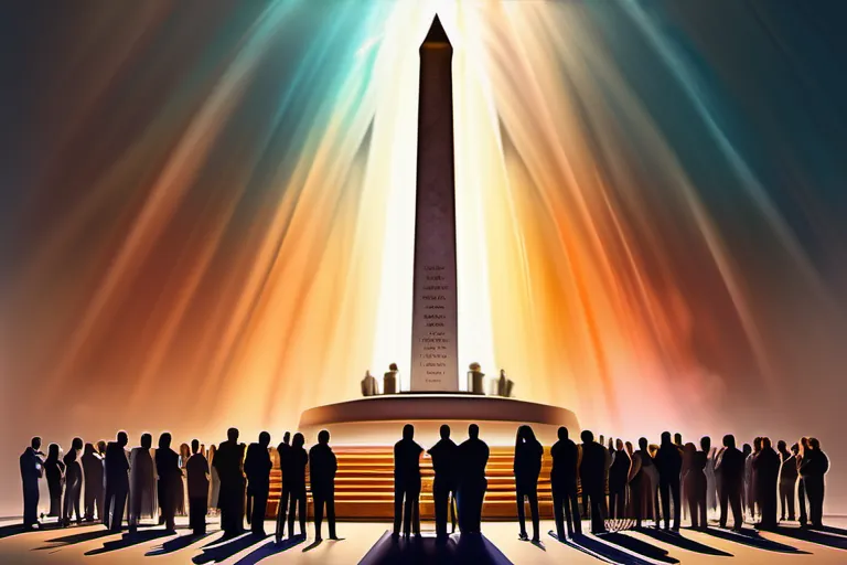 A vibrant, diverse crowd gathered around a monument symbolizing the intersection of faith and government. - state religion impact modern religious practices