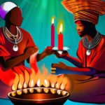 A vibrant and colorful image featuring a Haitian Vodou ceremony with participants dressed in traditional attire and holding ritual objects. - Vodou impact on modern religion