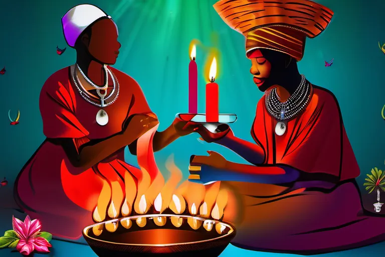 A vibrant and colorful image featuring a Haitian Vodou ceremony with participants dressed in traditional attire and holding ritual objects. - Vodou impact on modern religion