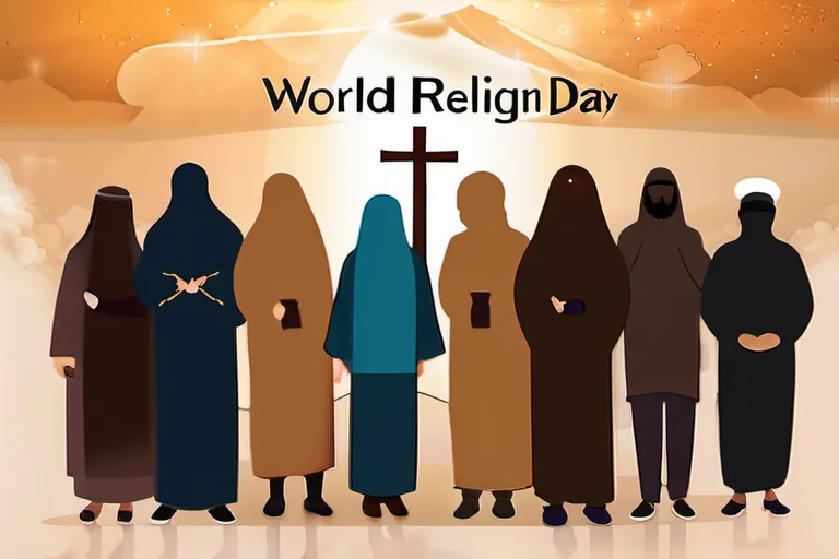 A diverse group of people from different religions standing together under a banner that reads 'World Religion Day 2023'. - World Religion Day 2023 Impact