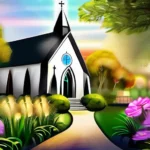 A serene image of a church with a healing garden, symbolizing the spiritual and healing aspects of Christian Science. - Christian Science beliefs