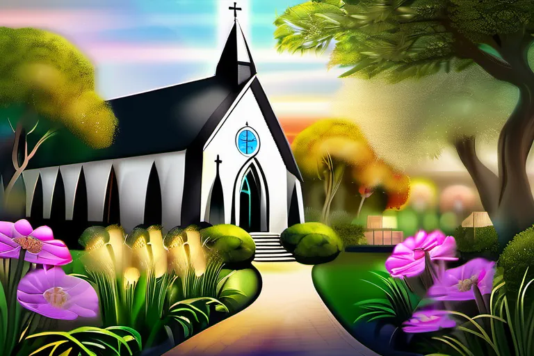 A serene image of a church with a healing garden, symbolizing the spiritual and healing aspects of Christian Science. - Christian Science beliefs