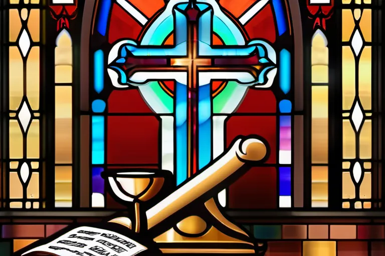 A stained-glass window depicting the Episcopal Church's symbol, with a Bible, cross, and chalice in the foreground. - Episcopalian Beliefs