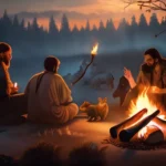 An image depicting a prehistoric gathering around a fire with various animals and natural elements symbolizing early religious beliefs. - first religion on earth