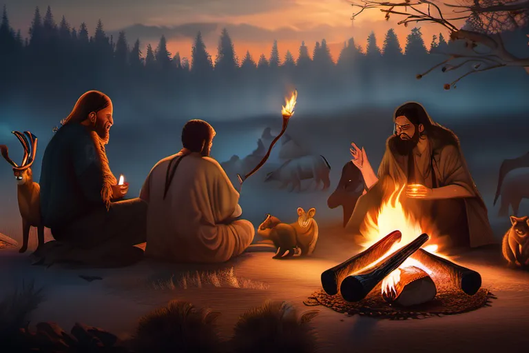 An image depicting a prehistoric gathering around a fire with various animals and natural elements symbolizing early religious beliefs. - first religion on earth